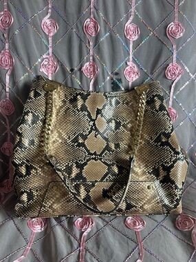INC International Concepts Snake-Print Tote with Gold Chain Straps - Beige/Black